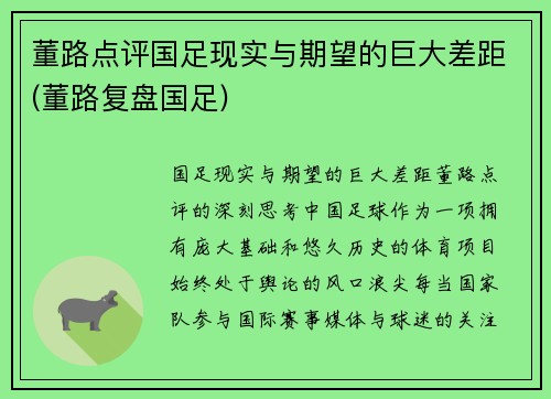 董路点评国足现实与期望的巨大差距(董路复盘国足)