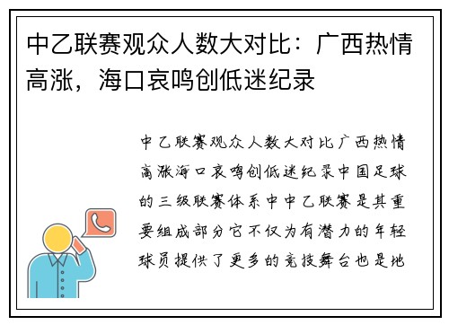 中乙联赛观众人数大对比：广西热情高涨，海口哀鸣创低迷纪录