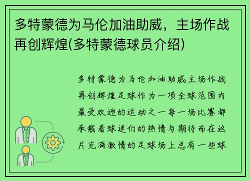 多特蒙德为马伦加油助威，主场作战再创辉煌(多特蒙德球员介绍)