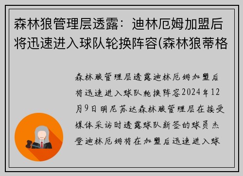 森林狼管理层透露：迪林厄姆加盟后将迅速进入球队轮换阵容(森林狼蒂格)