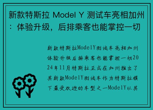新款特斯拉 Model Y 测试车亮相加州：体验升级，后排乘客也能掌控一切